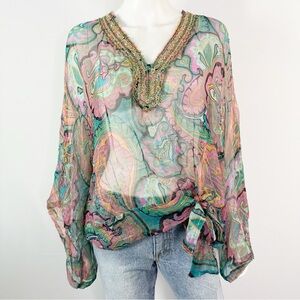 Embellished Paisley Sheer Blouse - Multicolor